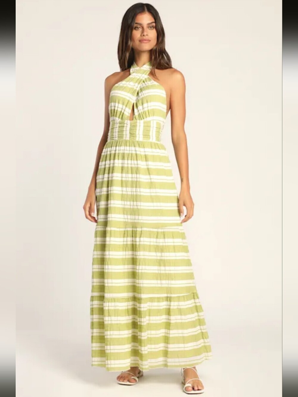 Lulus Womens Stripe for the Picking Green Striped Tiered Halter Maxi Dress M NWT